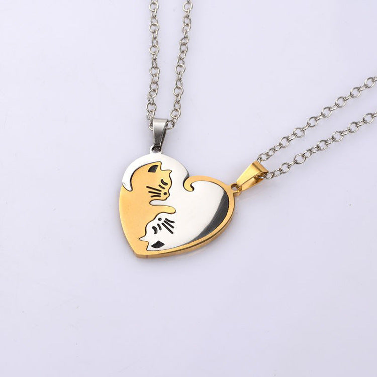 Love Cat Matching Necklace for Couples – Stitching Cat Pendant Romantic Jewelry