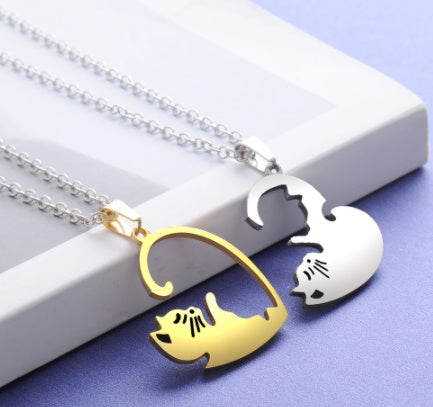 Love Cat Matching Necklace for Couples – Stitching Cat Pendant Romantic Jewelry