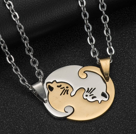 Love Cat Matching Necklace for Couples – Stitching Cat Pendant Romantic Jewelry