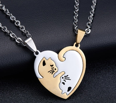 Love Cat Matching Necklace for Couples – Stitching Cat Pendant Romantic Jewelry
