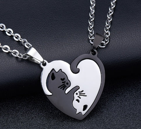 Love Cat Matching Necklace for Couples – Stitching Cat Pendant Romantic Jewelry